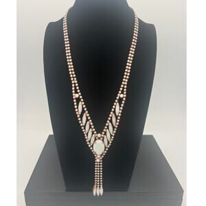 Signed Alice Caviness Milk Glass Rhinestone Necklace 1950s Mid‑Century Statement
